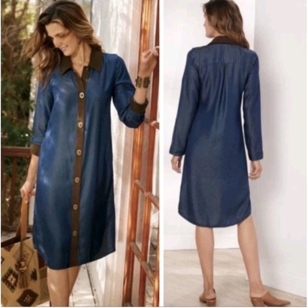 Soft Surroundings Blue Denim‎ Tan Button Up Urbina Icon Shirt Dress Size Small